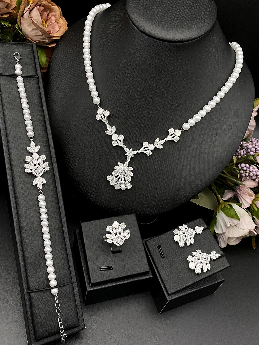 

Falair 4Piece Imitation Pearl & Zircon Jewelry Set, Plated Copper Hypoallergic Jewelry, Wedding Anniversary Daily Wear Gift Box