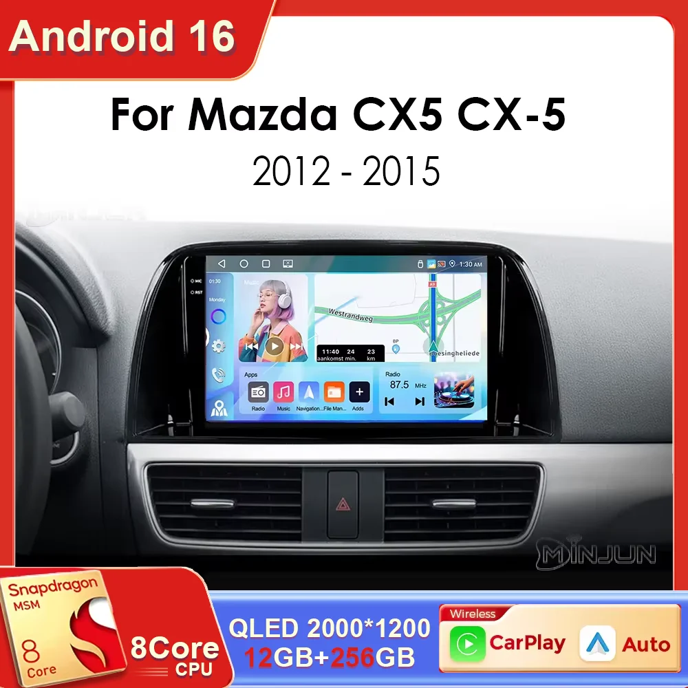 Radio Estéreo para Auto Android 16 para Mazda CX5 CX-5 2012-2017, Pantalla Táctil 2K QKED, Carplay y Android Auto Inalámbricos, WiFi, GPS, Multimedia