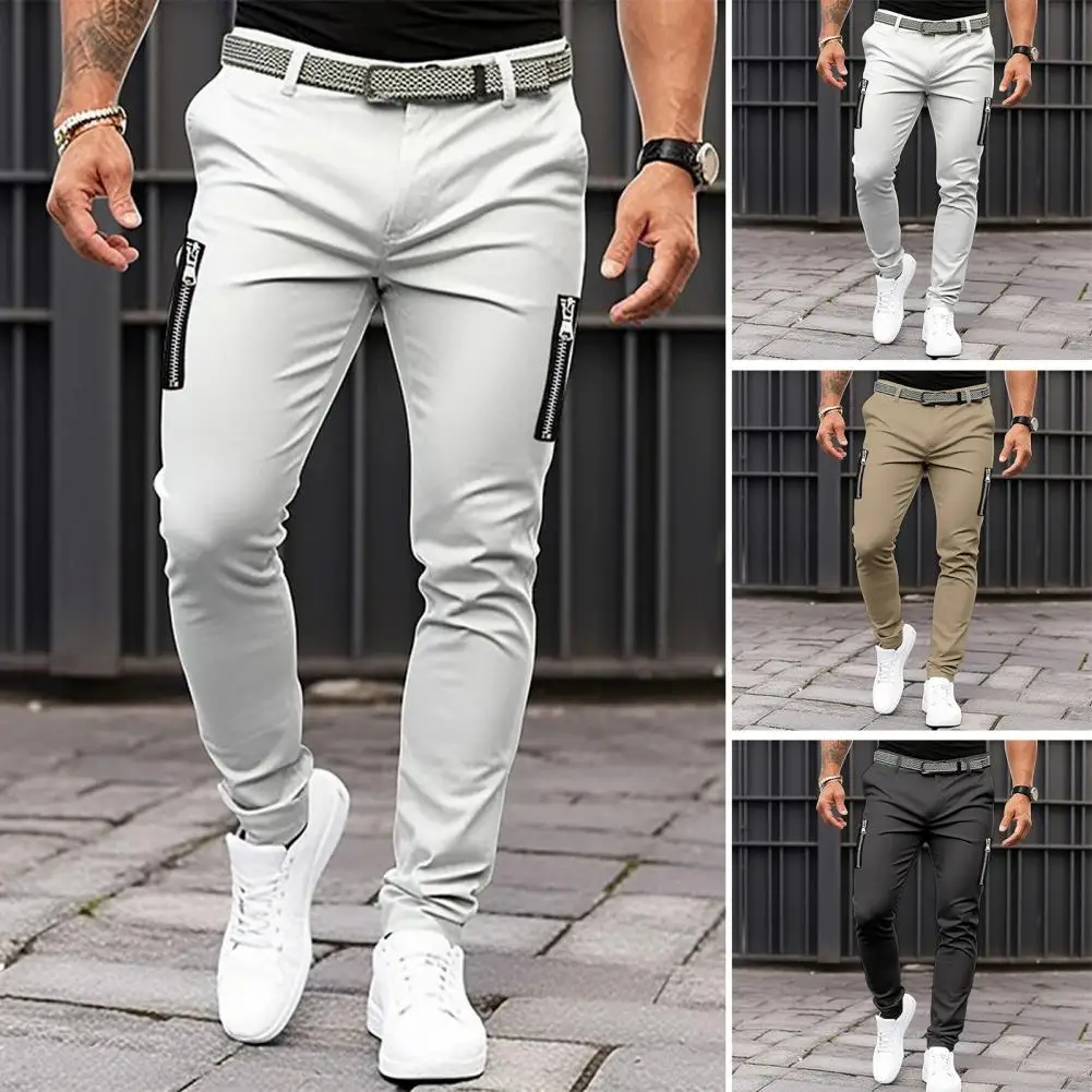 Men Casual Trousers Zip Pocket Decoration Pants Stylish Men's Zipper Decor Slim Fit Pants with Button Closure Pockets for Four