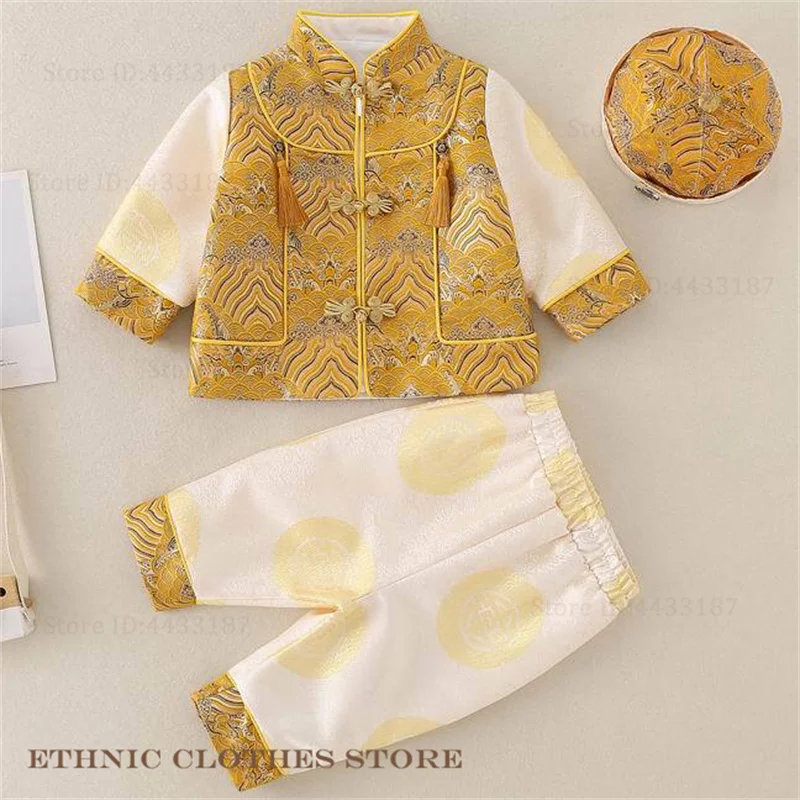 

Китайский весенний фестиваль, детский новогодний костюм Тан, костюм на сто дней, один год, костюм ханьфу, атласная одежда для фотосъемки