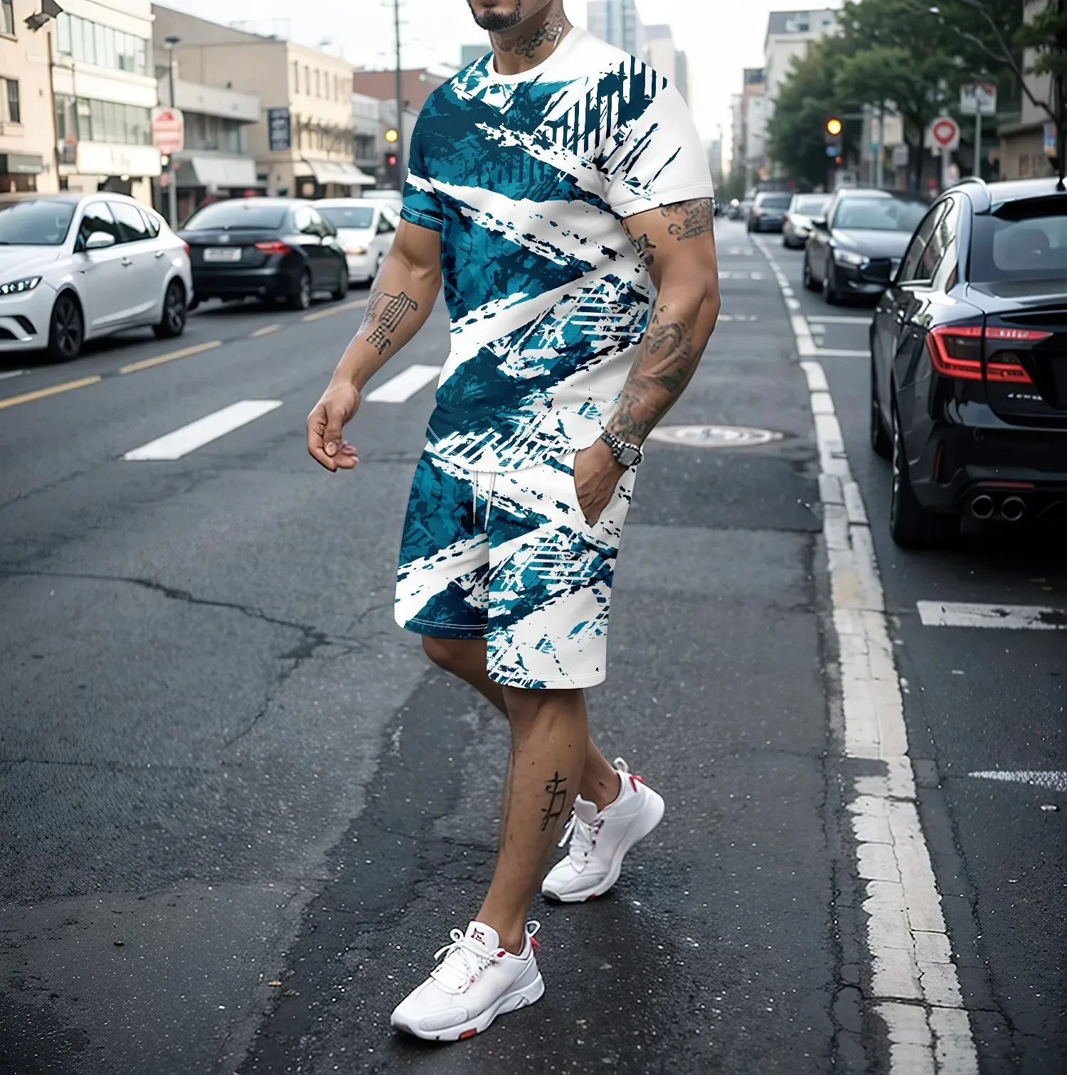 New men's two-piece 3D splicing short sleeved shorts set for men's running leisure fashion travel and street setting for men
