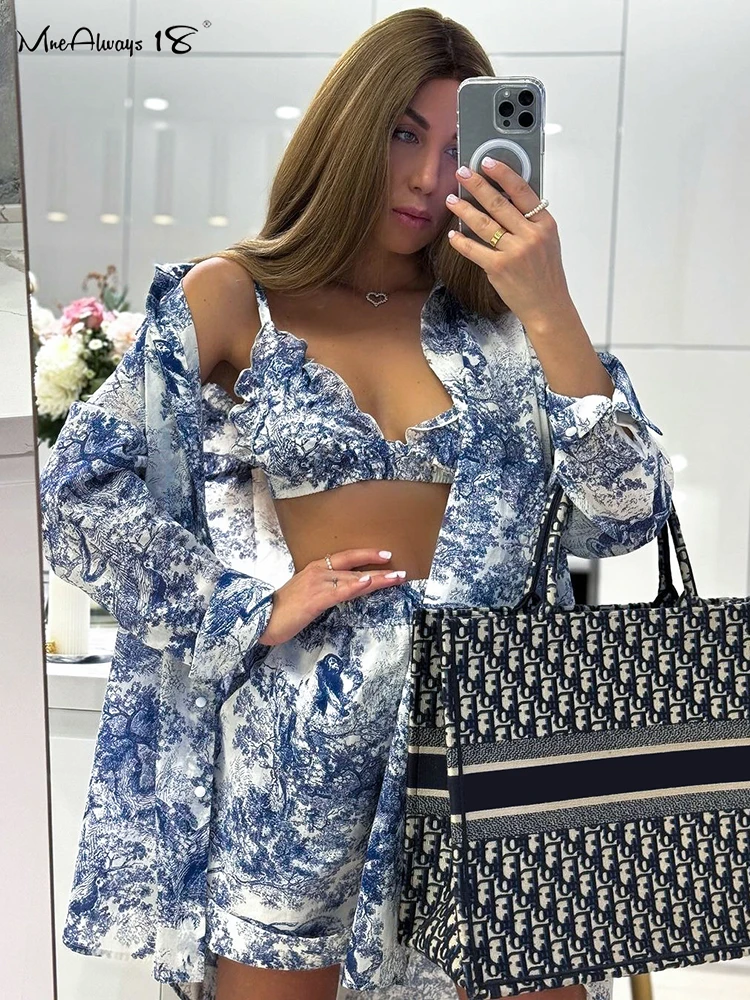 Mnealways18 Fashion Loose Print 3 Piece Sets Womens Outfit 2024 Elegant Long Sleeve Shirt And Bra With Shorts Set Casual Outfits