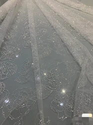 Netting Tulle Mesh with Tiny Glitters Florals Sparkles Veil Lace Fabric Off White Silvery Color Glitter Shiny Materials 2024