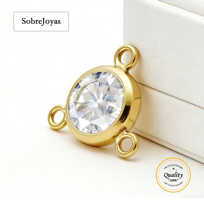 

6mm 3A CZ 14K Gold Filled Bezel Connector Birthstone Drop Charm with 3 Rings Pendant Jewelry Findings Accessory