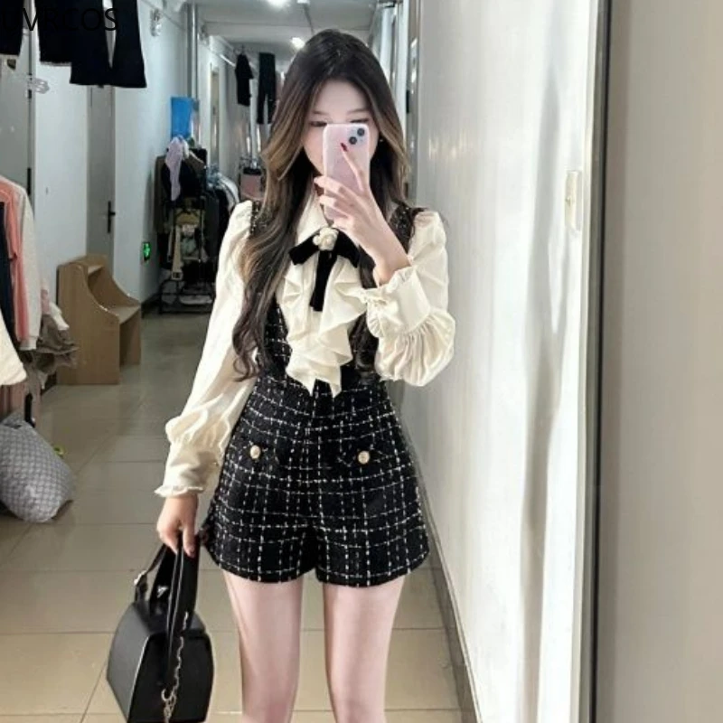 Y2k Aesthetic Lolita Style 2 Piece Set Women Sweets Bow White Shirt Plaid Overalls Short Pants Japan Fashion Gothic Shorts Suit