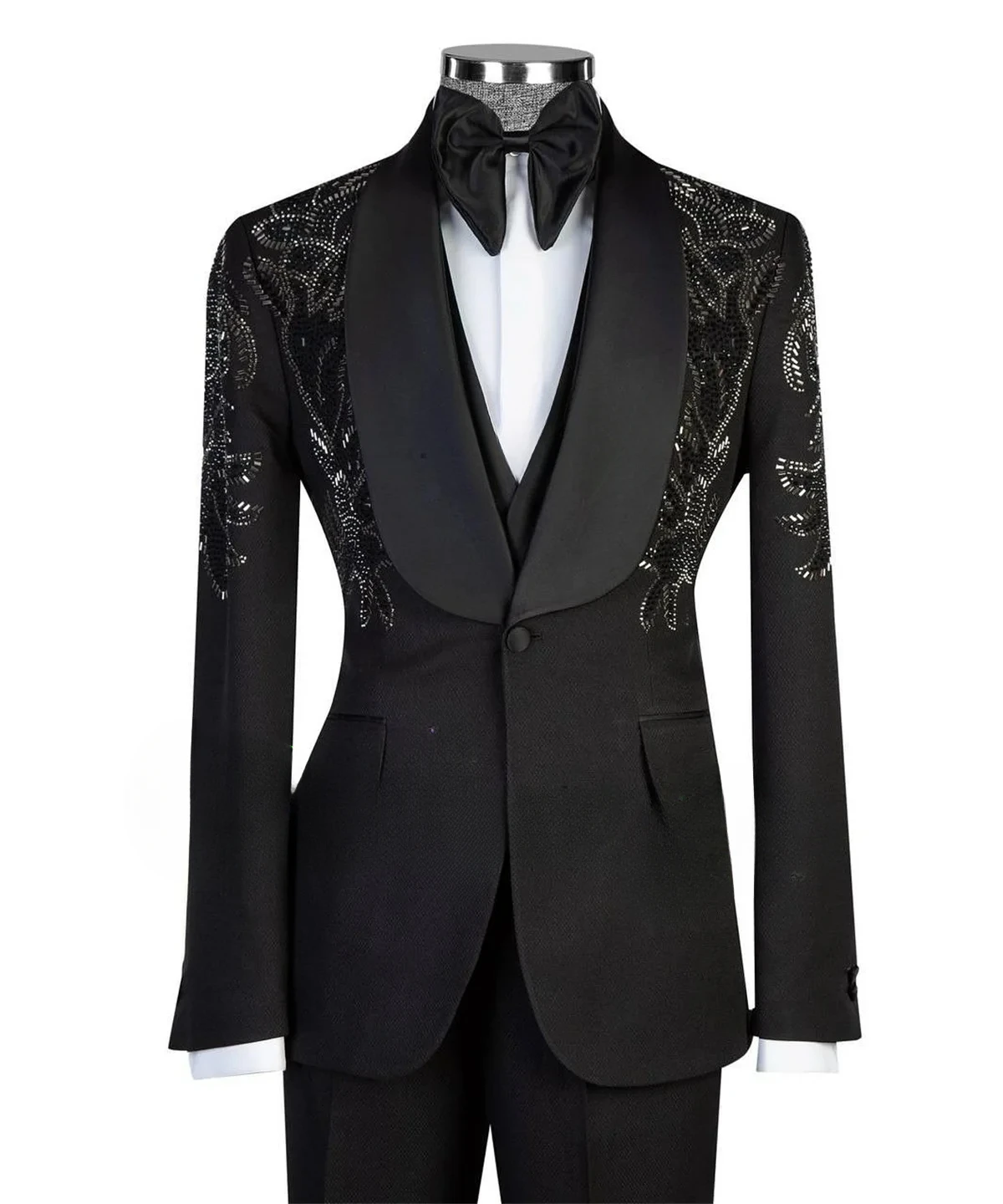 

Elegante Beaded Crystals Suits For Men 2 Pieces Sets Male Fashion Slim Fit Customized Groom Tuxedos One Button