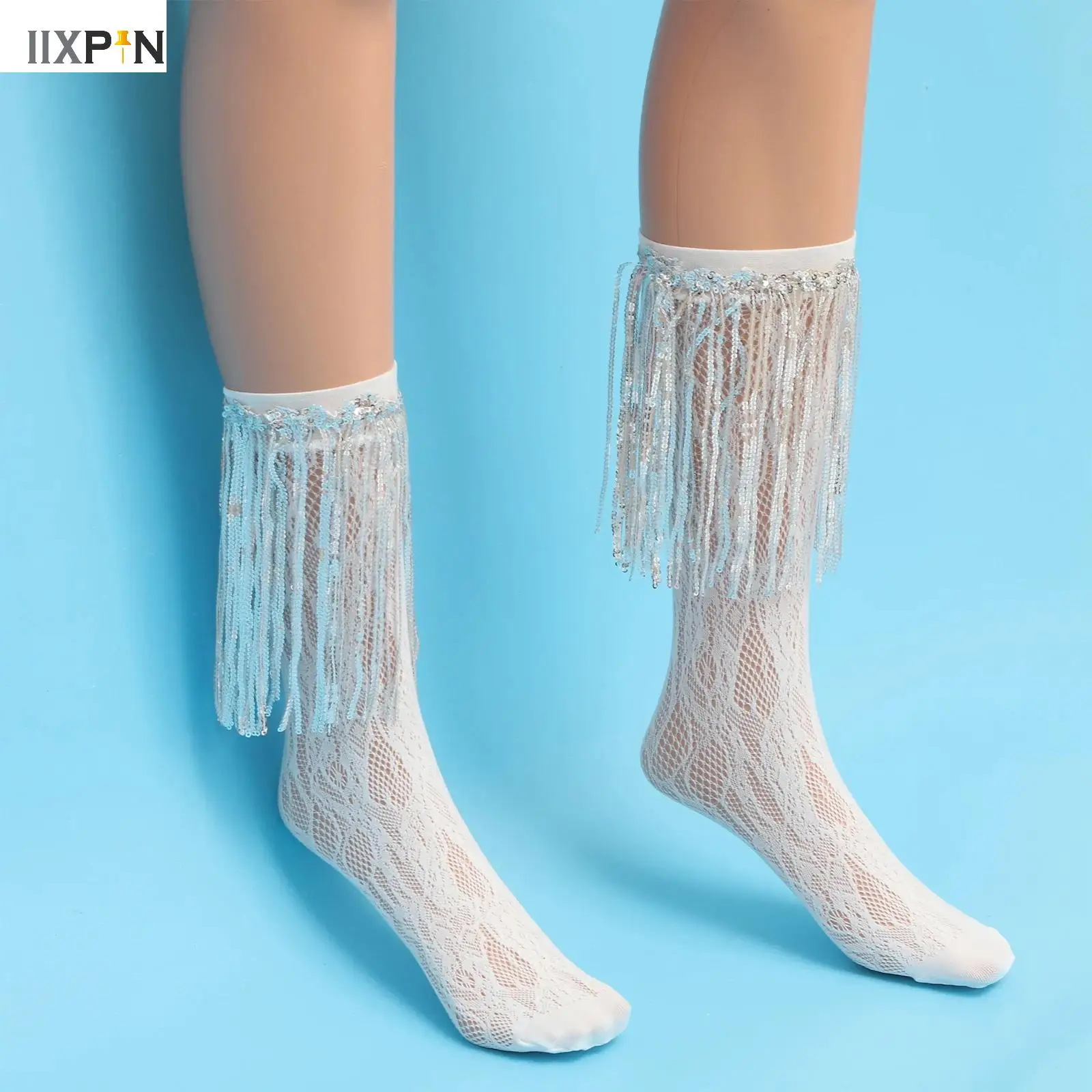 

Fashion Party Supplies for Runway Shows Pile Up Socks Silver Sequins Mid Length Socks Solid Color Sparkling Tassel Leg Socks