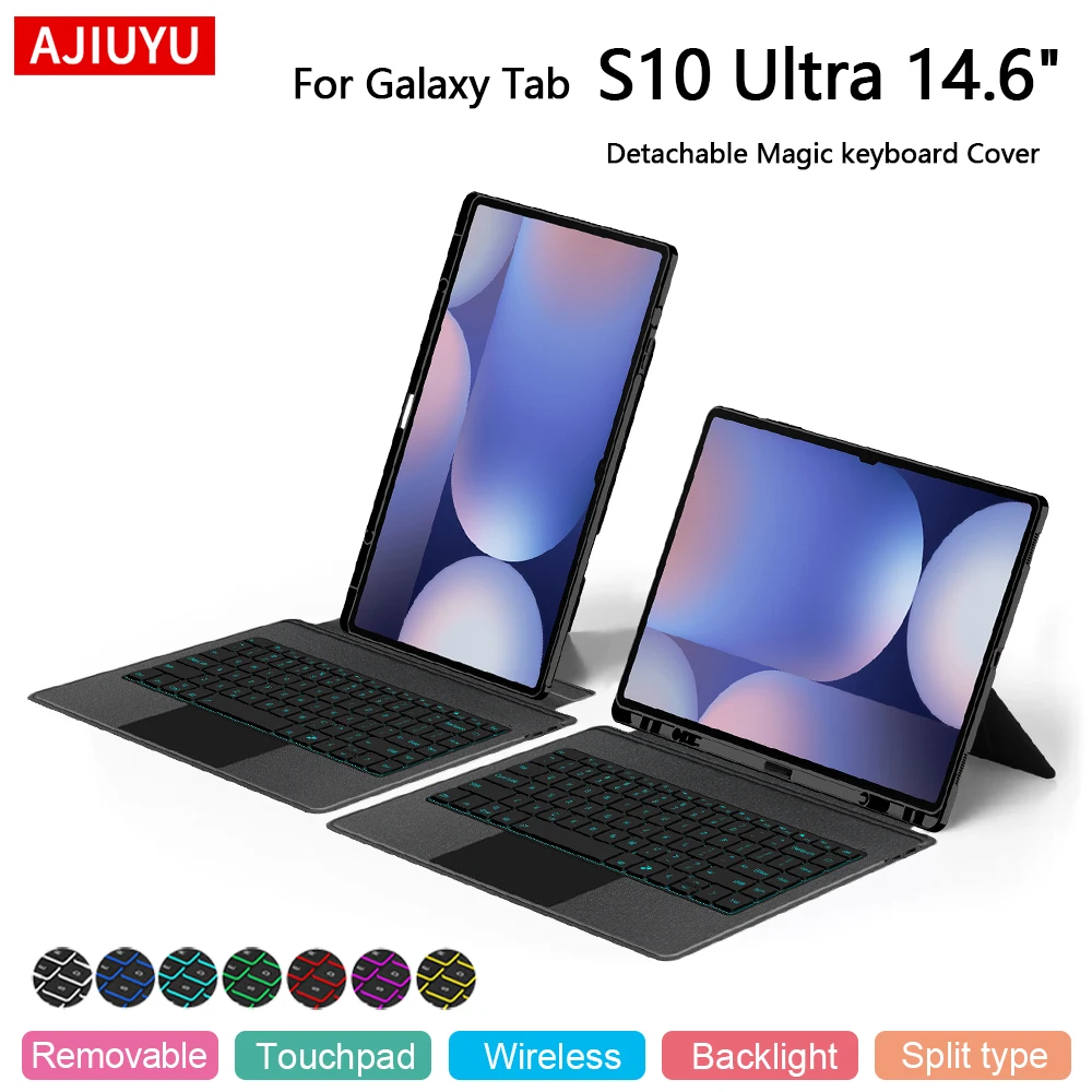 AJIUYU TouchPad Backlight Keyboard Case For Samsung Galaxy Tab S10 Ultra 14.6 inch 5G 2024 SM-X920 X926C Detachable Smart Cover