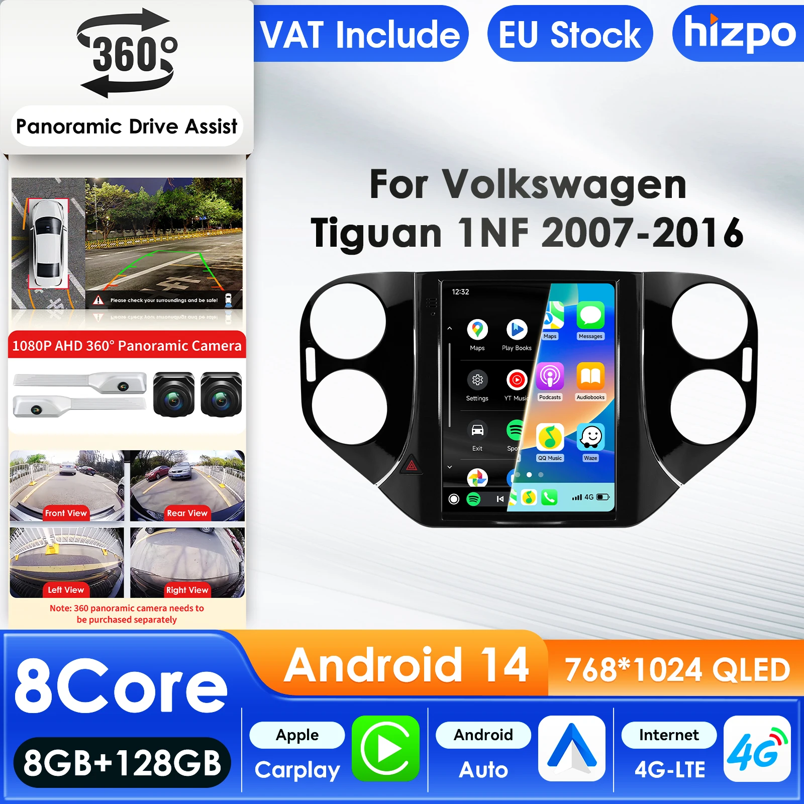 Autoradio Hizpo pour Volkswagen Tiguan 1NF 2016, Lecteur Multimédia CarPlay Android Auto GPS Bluetooth WIFI FM RDS, Écran Intelligent AI, Fonction Mirror Link, Commandes au Volant, FM AM RDS DSP USB ADAS Caméra DVR, Écran QLED 1280*720, Cartographie Automobile AI
