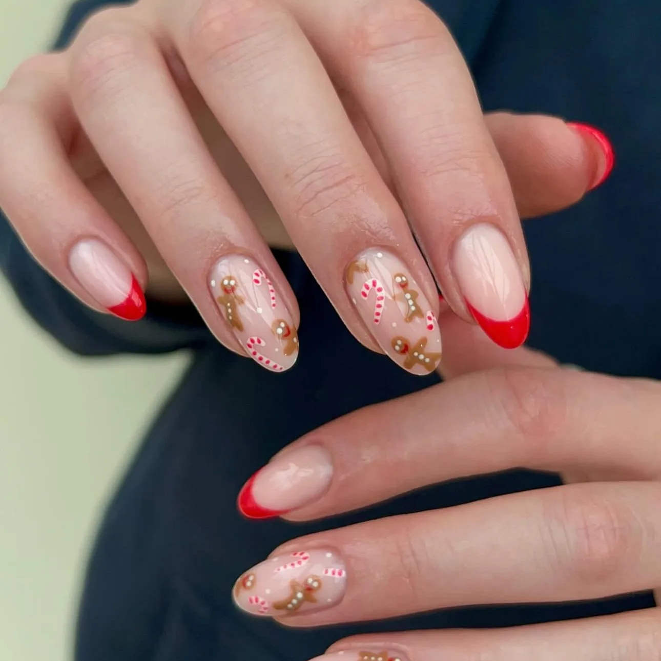 24 pièces noël longue amande presse sur ongles fleur arc perle conception rouge faux ongles pointe détachable flocon de neige strass faux ongles