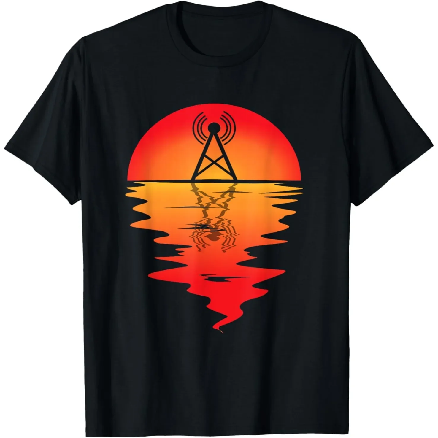 

Amateur Radio Tower Sunset Reflection Graphic T-Shirt Cotton Round Neck Unisex Casual T-shirt