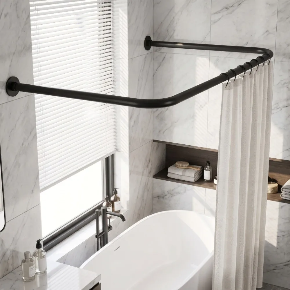 U Shape Shower Rod Thickened Stainless Steel No Drill Curved Shower Rod Curved Tension Mounting Tension Shower Rod Home Scenes