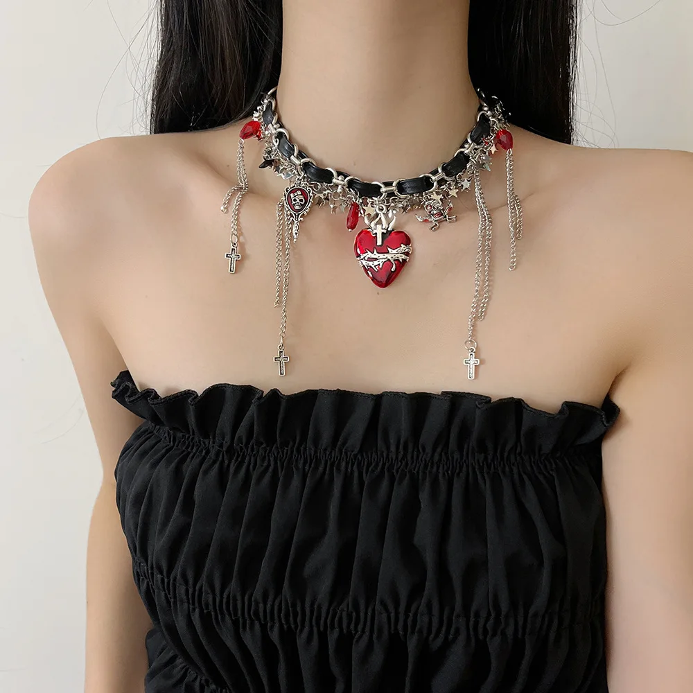 Y2K Spicy Girl Red Thorn Heart Necklace Unique Design Cross Tassel Choker Punk Personality Statement Neck Wear