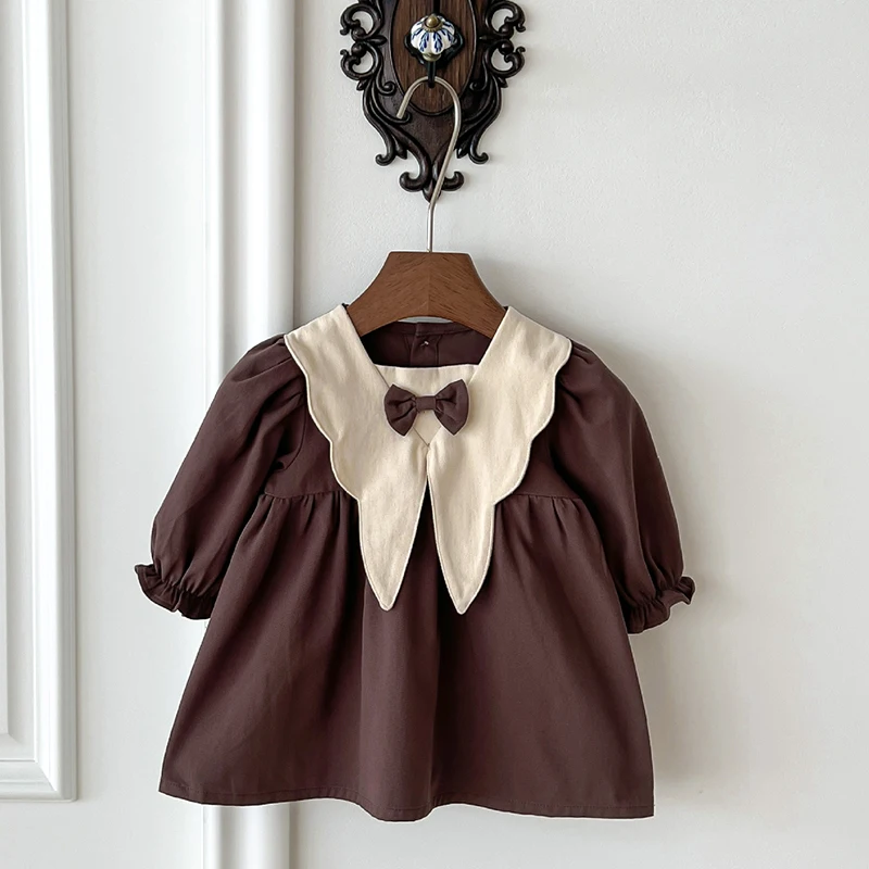 Spring Baby Girl Dress Khaki Coffee Patchwork Dress Turn-down Collar Retro Princess Dresses Autumn Infant Clothes Korean Style