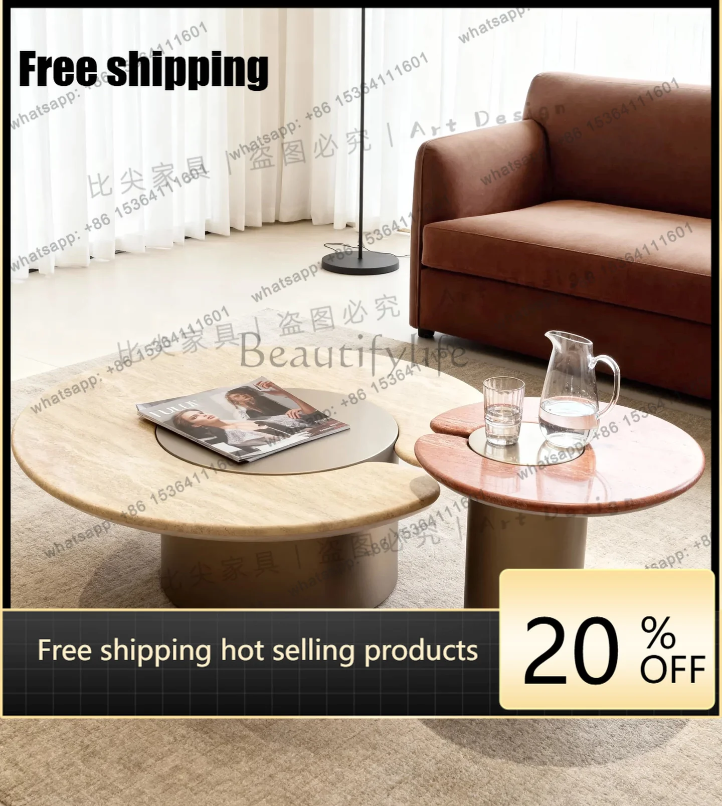 Travertine coffee table combination living room wabi wind designer high-end stainless steel round coffee table