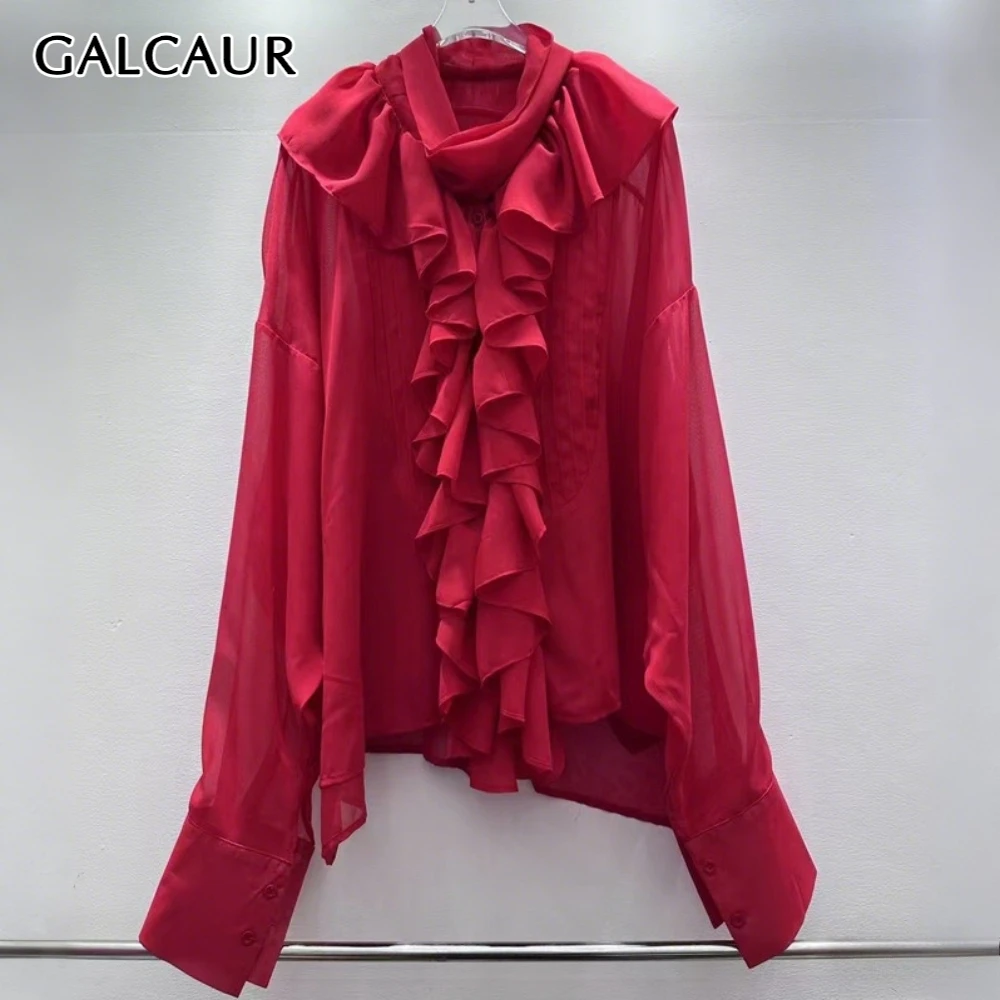 

GALCAUR однотонная шикарная рубашка с грибком, женская рубашка с круглым вырезом и длинным рукавом, свободный дизайн, базовые женские рубашки, осенняя мода, новый стиль