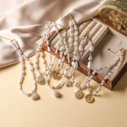 HECHENG,Sweet Romantic Brass Heart Pentagram Teardrop Pearl Necklace Bohemian Style Conch Shell Pearl Jewellery