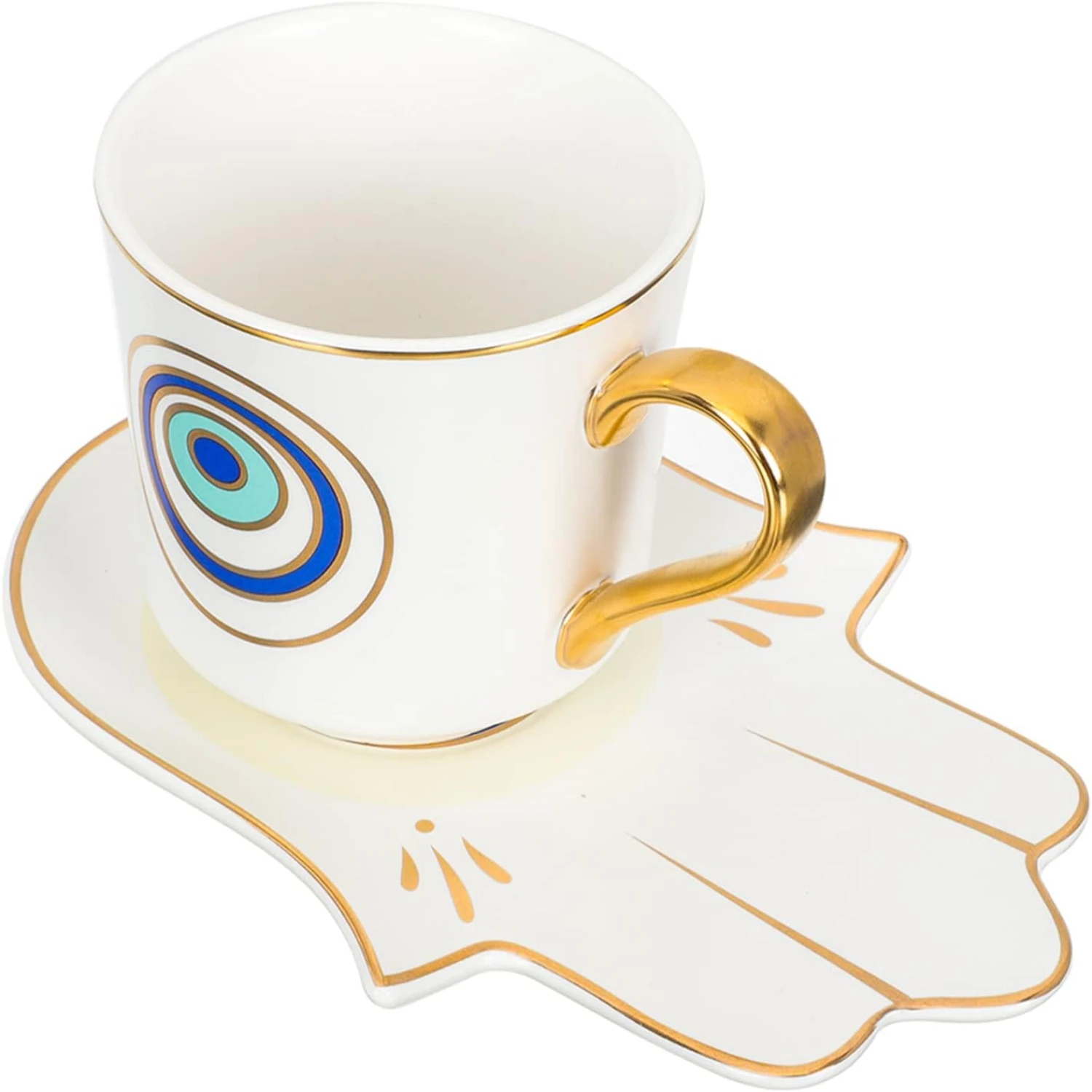 Blue Evil Eye Coffee Cups Set with Ceramic Hamsa Hand Saucer Plate - Tea and Espresso Cups for Office or Home Use