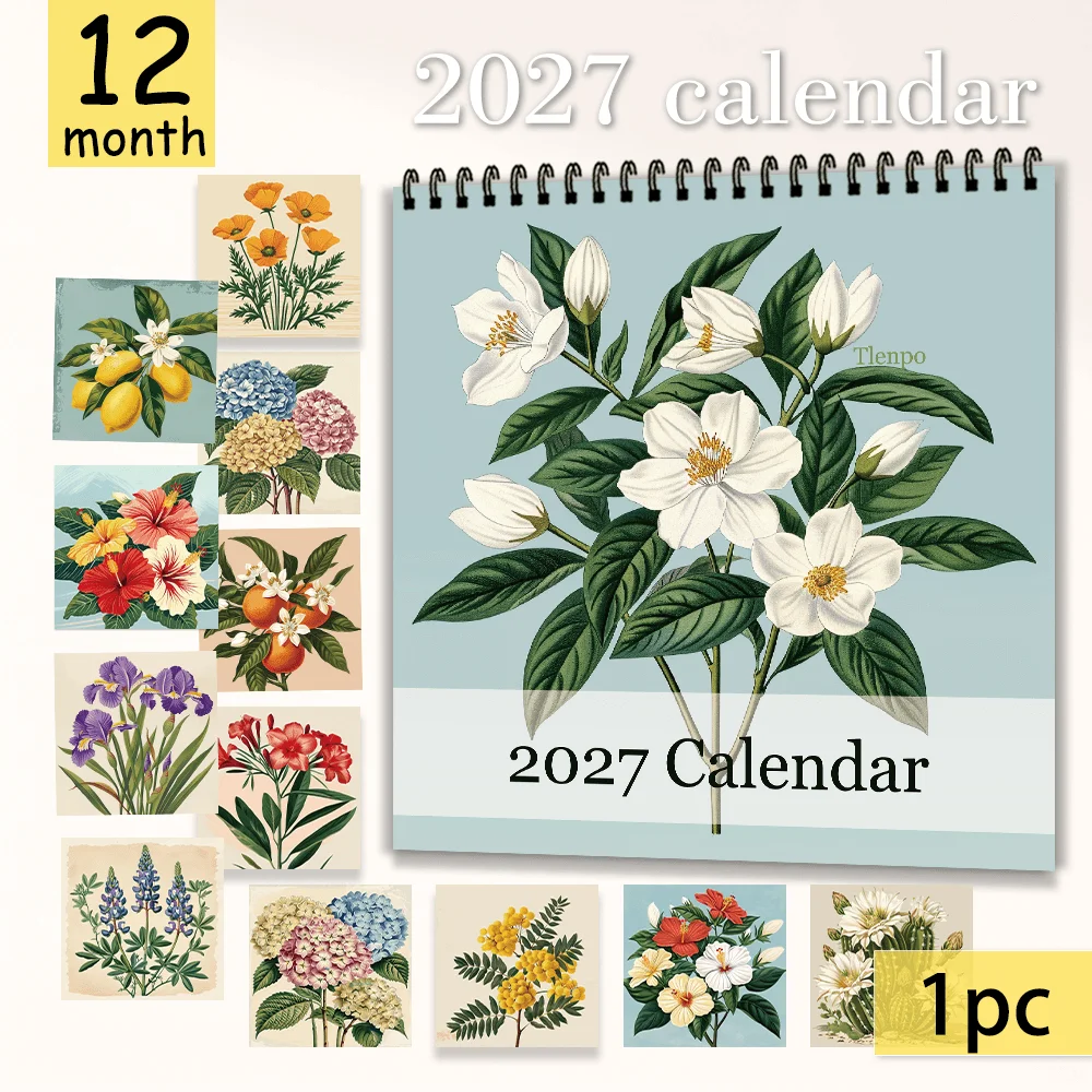 1pc 2027 Botanical Flowers Wall Calendar,12‑Month Planner,Gift For Back‑to‑School,Christmas,New Year,Free Stickers Included