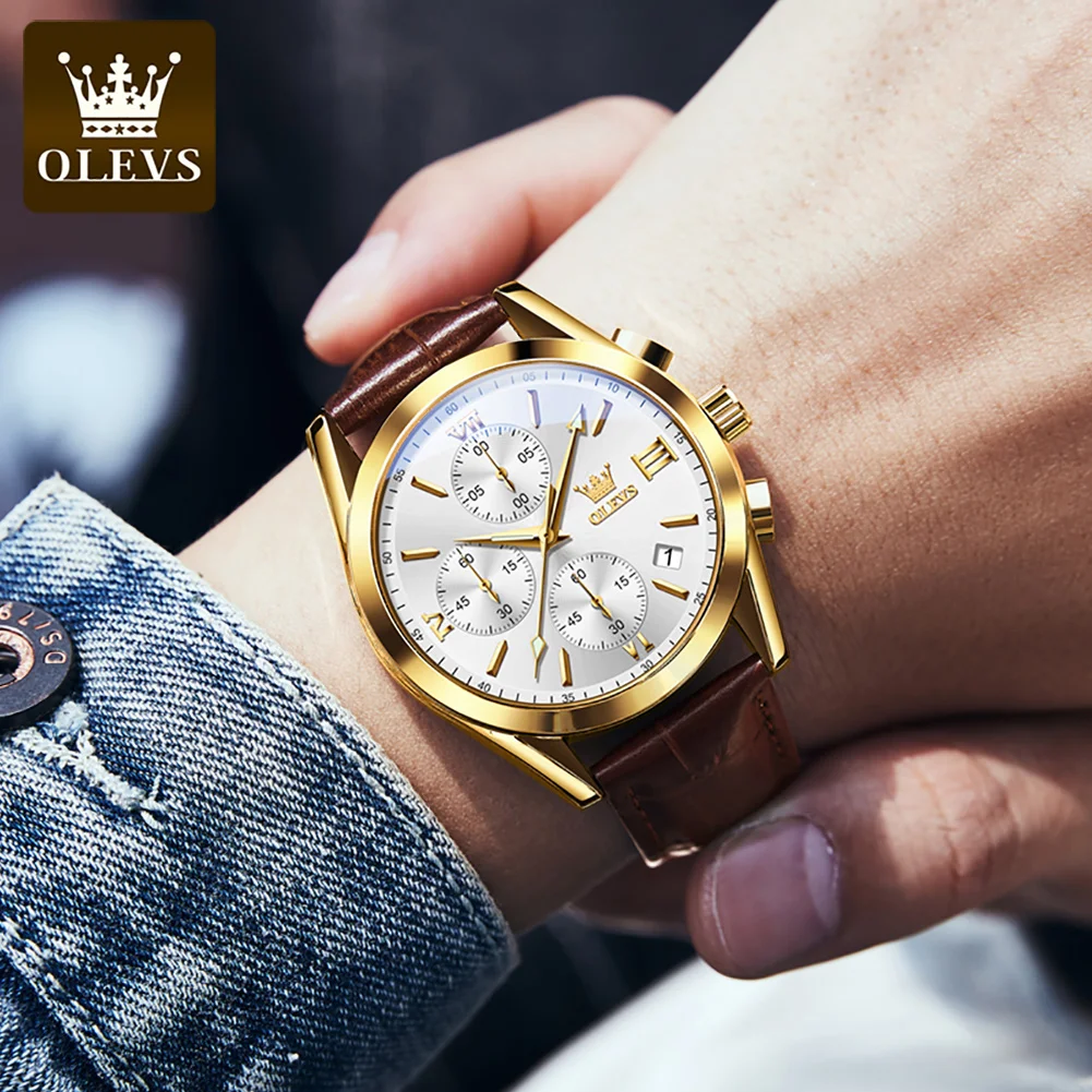 OLEVS Quartz Watch for Men Multifunctional Chronograph Dial Leather Strap Waterproof Luminous High Quality Men\'s Wristwatches