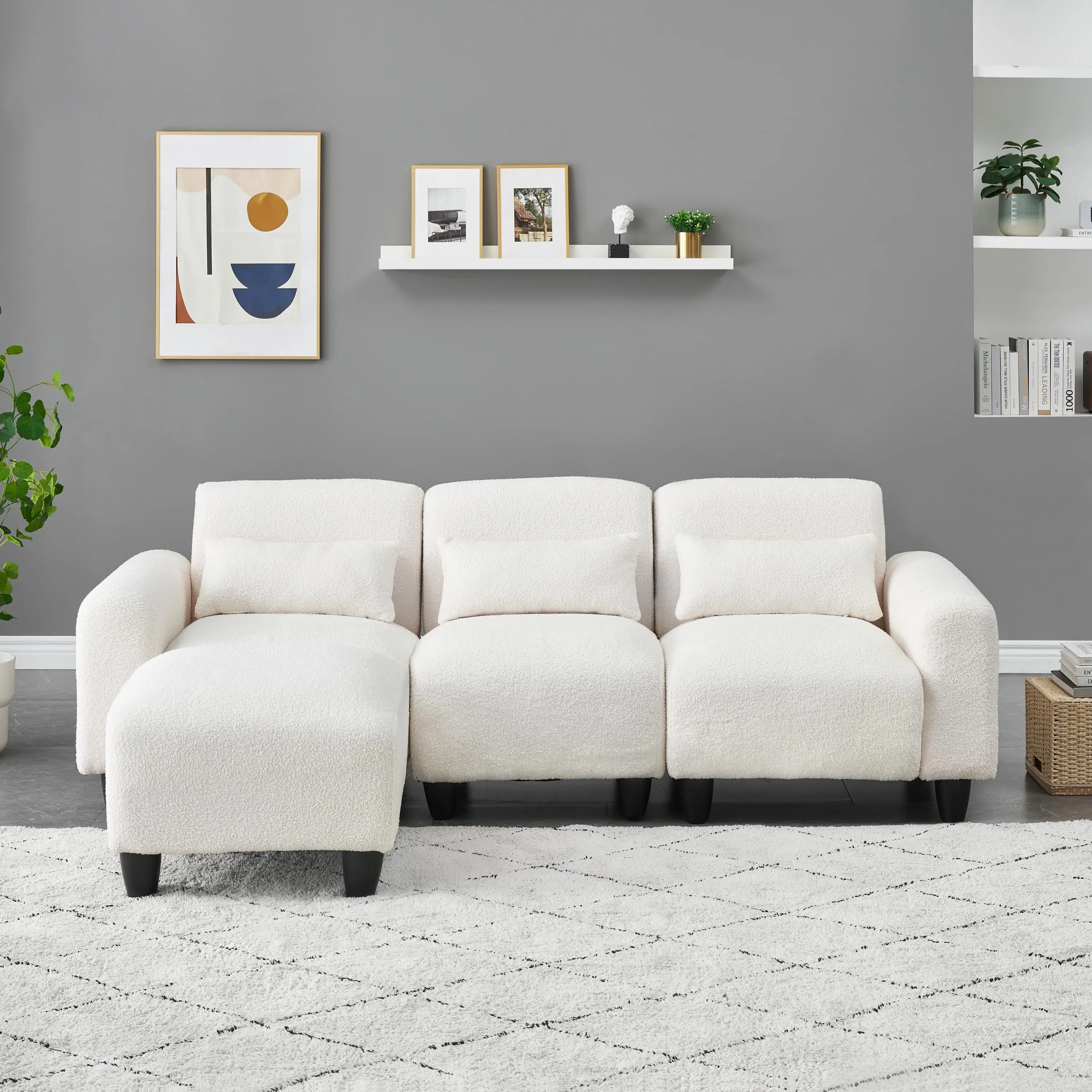 The 84.6-inch beige teddy fleece creative sofa can be assembled into a two-seater sofa plus a single couch