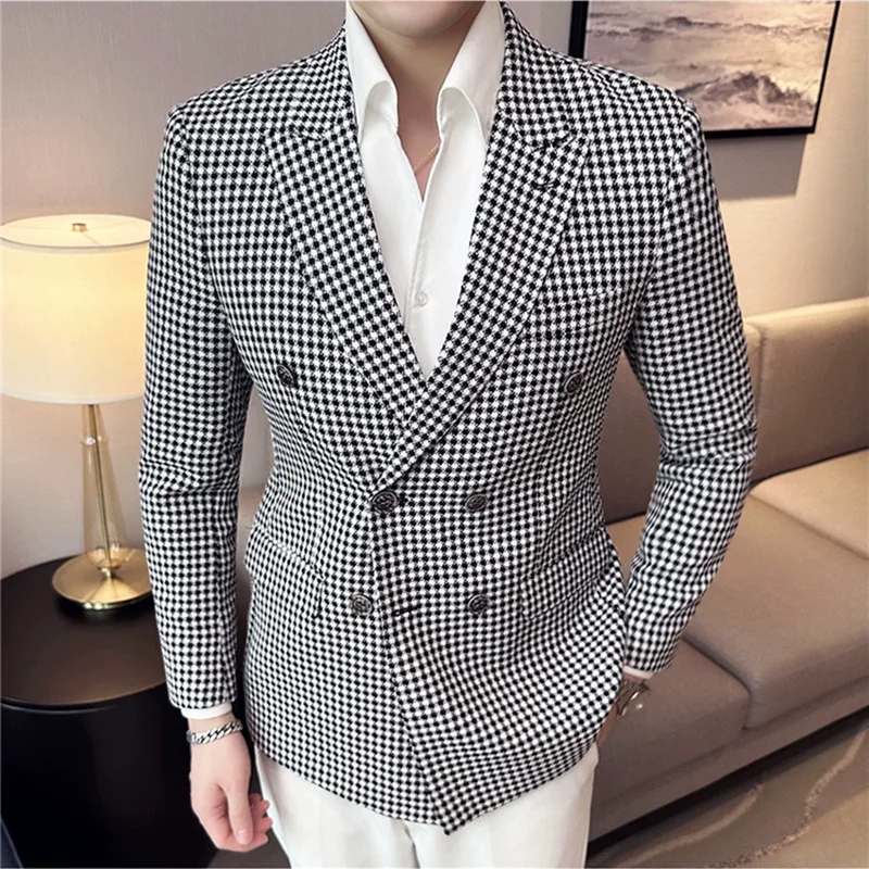 British Style Fashion Double Breasted Casual Blazer Coat 2023 Men Check Slim Fit Suit Jacket Formal Office Wedding Tuxedo Jacket