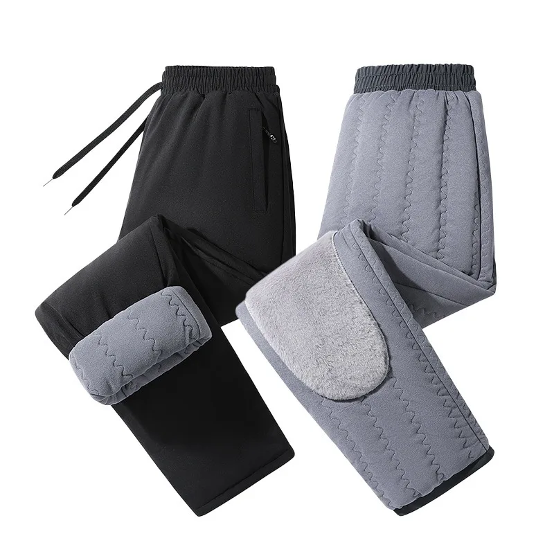 KIDWHXR Winter Pants Men Simple Solid Thicken Warm Windproof Male Trousers Loose Drawstring Man Sport Casual Straight-leg Pants