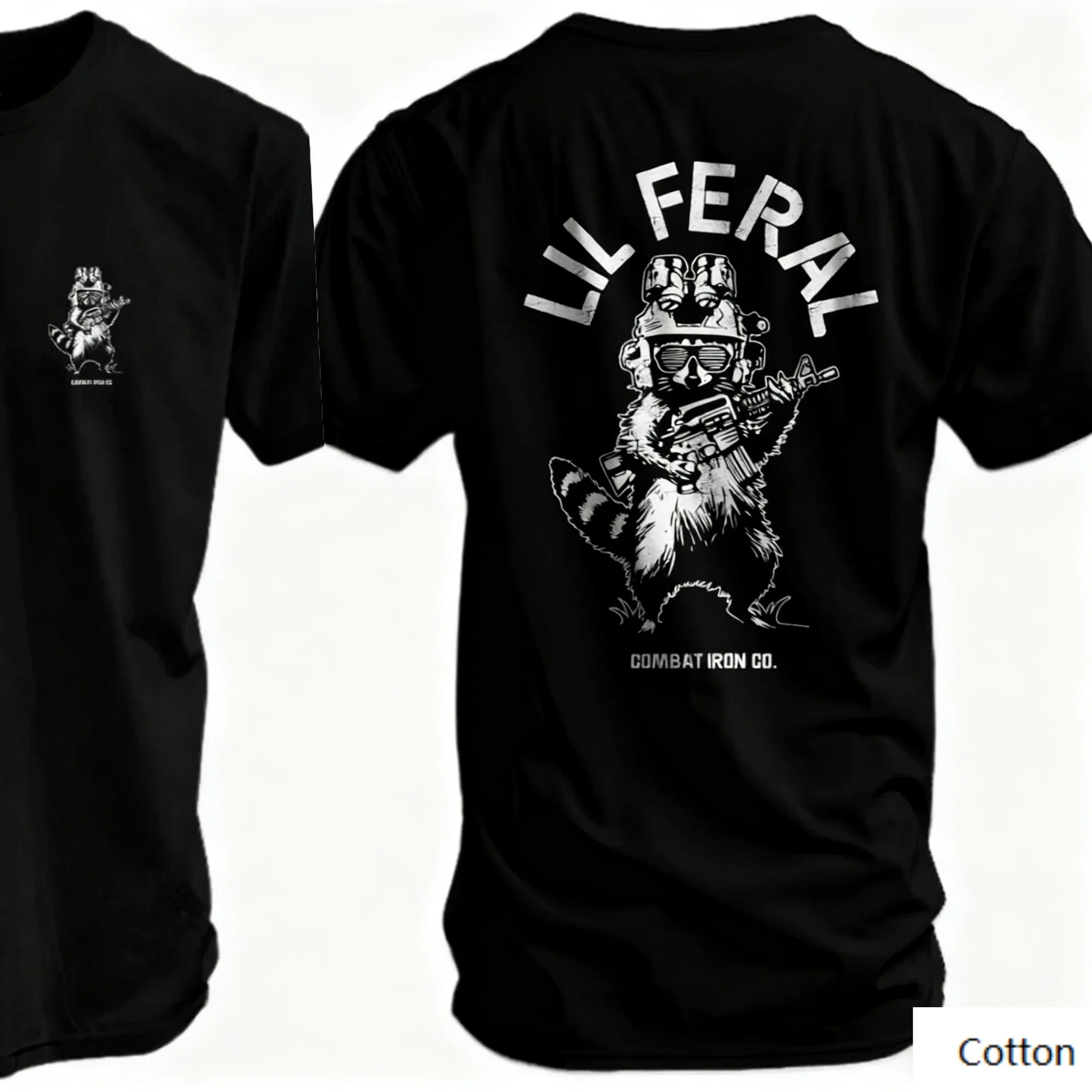 تي شيرت قطني برقبة دائرية "الراحة العسكرية": مع عين - طباعة اصطياد الراكون التكتيكي والعبارة "LIL FERAL"