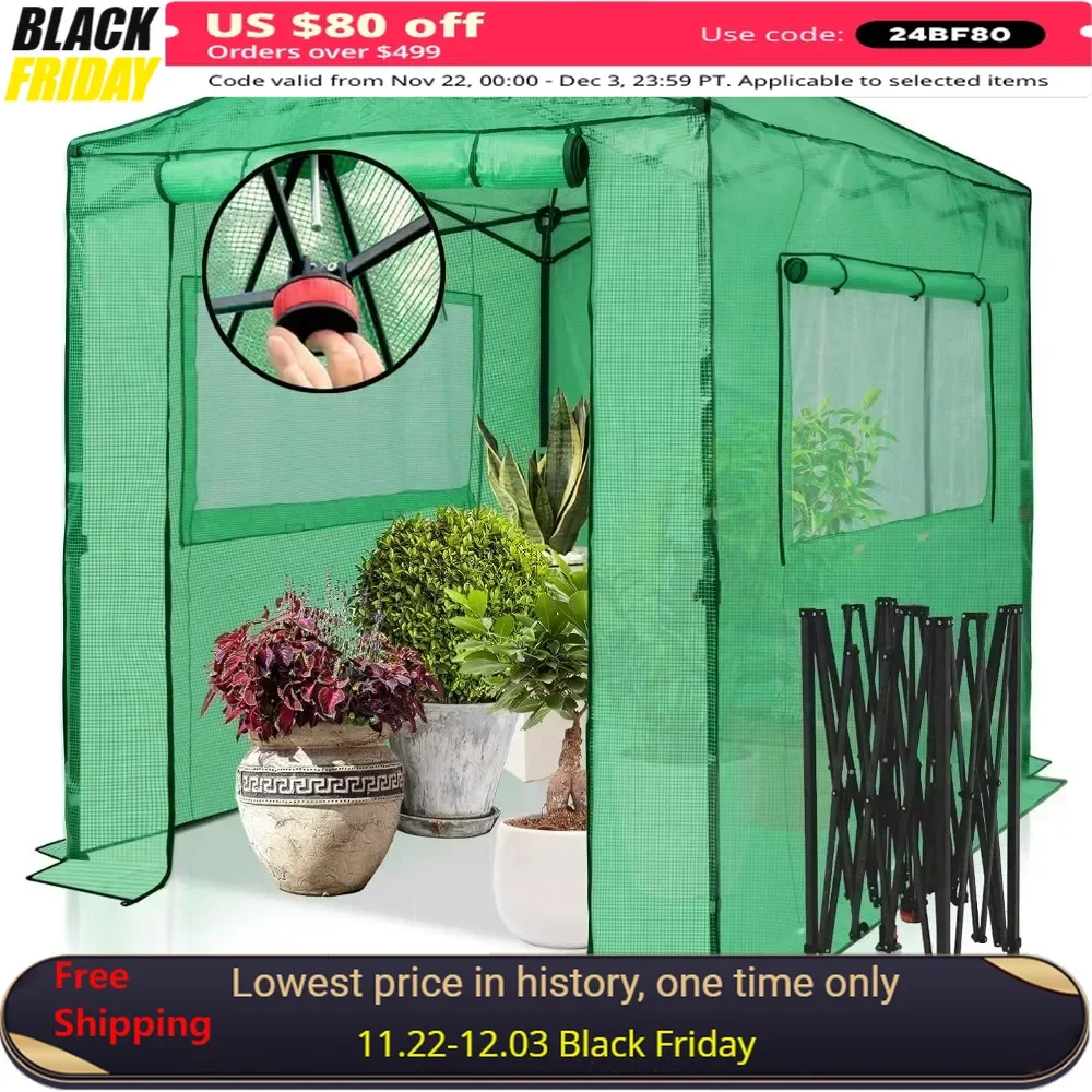 Greenhouse, Outdoor Plant Gardening Canopy, Front and Rear Roll-Up Zipper Entry Doors and 2 Side Windows, 8x6 Ft Green House