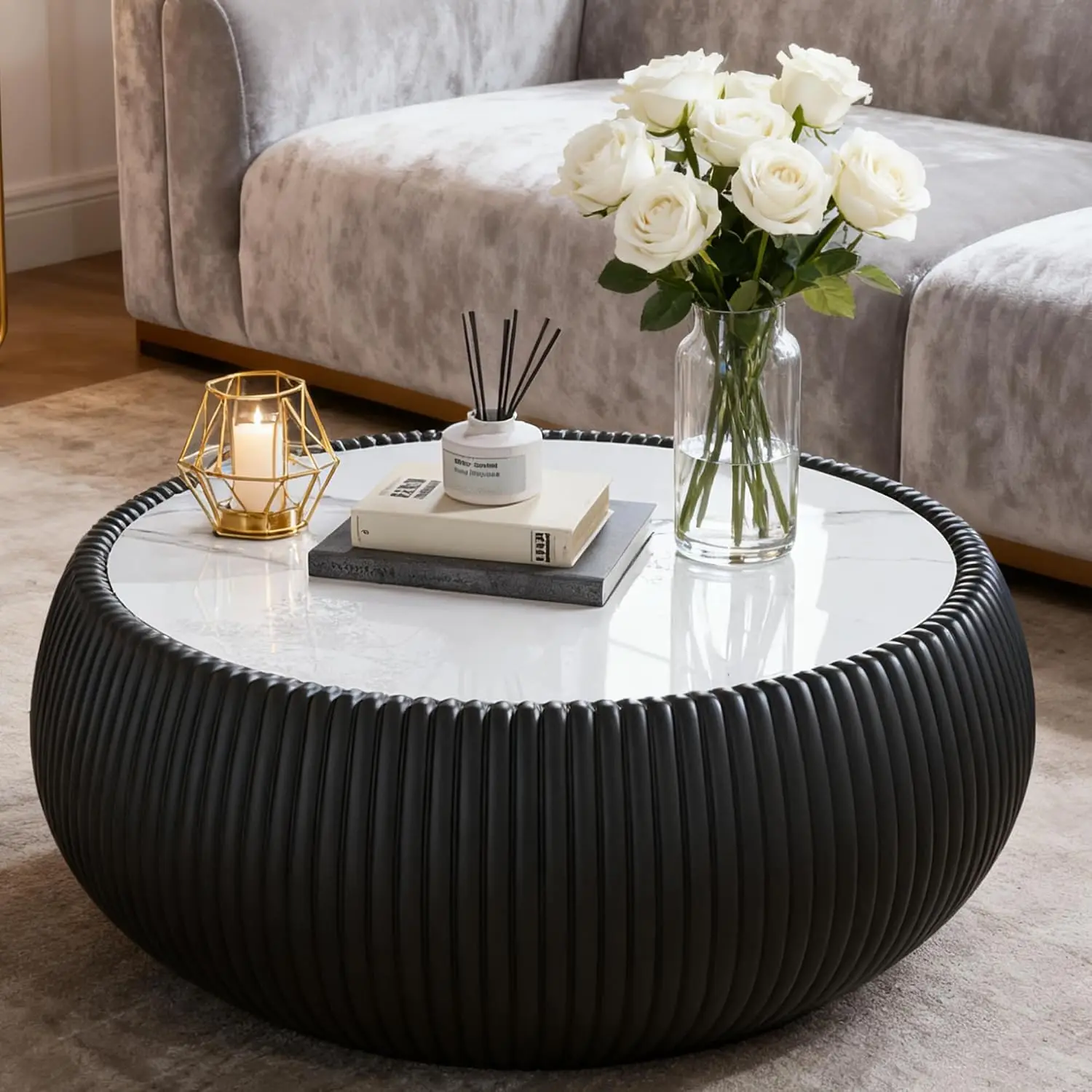 Round Marble Coffee Table Fluted White Stone Top Black Leather Drum Center Table Living Room, Customized