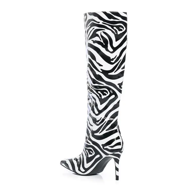 Black & White Stiletto Heel Zebra Boots Elegant Pointy Toe Knee High Boots Slim Leather Dress Party Casual Shoes