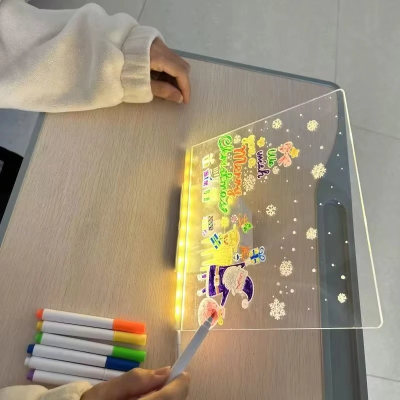빛나는 아크릴 메시지 보드 재사용 가능한 DIY 어린이 글로잉 드로잉 보드 메시지 램프 7가지 색상 펜 포함
