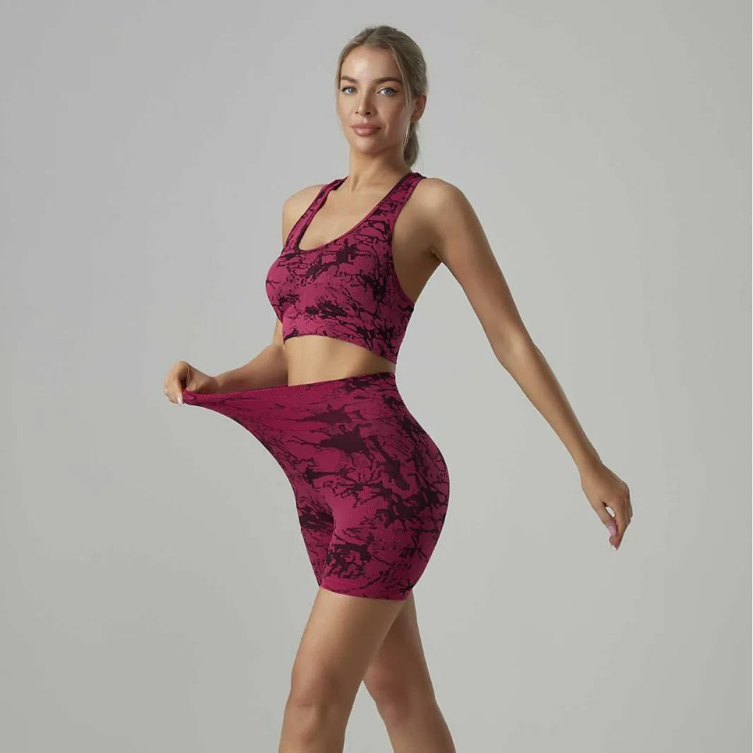 Gutashye Women Seamless Tie Dye 2 Piece Yoga Set Sports Bra Shorts Gym Fitness Workout Suits