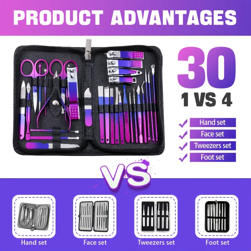 

30pcs Nail Clipper Set Blue-red Manicure Set Anti Splash Fingernail Cutter Stainless Steel Nail Scissor Cuticle Tools