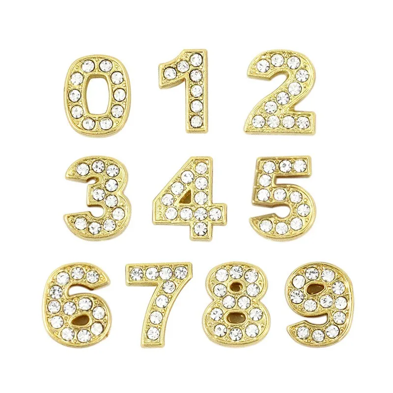 10PC/lot Hole 10MM Full Rhinestones gold plated Slide number 0 - 9 slide Charm Fit For 10mm DIY keychains Wristband Bracelet