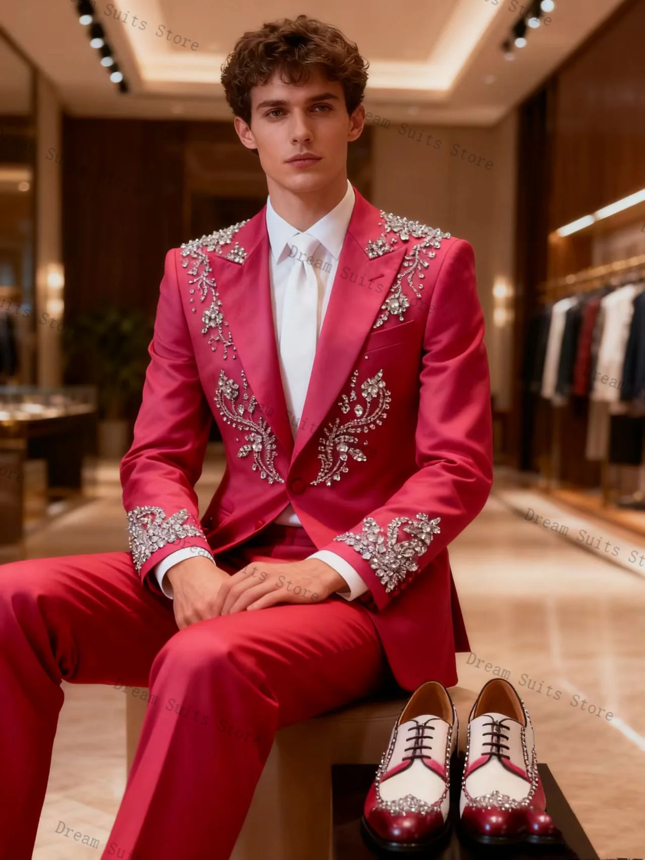 

Pink Crystals Men Suit Set 2 Piece Blazer+Pants Trousers Luxury Customized Formal Office Jacket Wedding Tuxedos Prom Coat