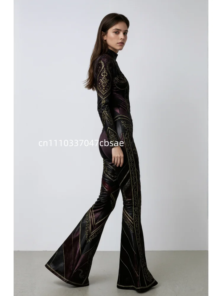 Damen Gold Strass-Print Dekor Jumpsuit Schlaghose Bodysuit Gothic Steampunk Halloween Cosplay Party Kostüm – Detail 6