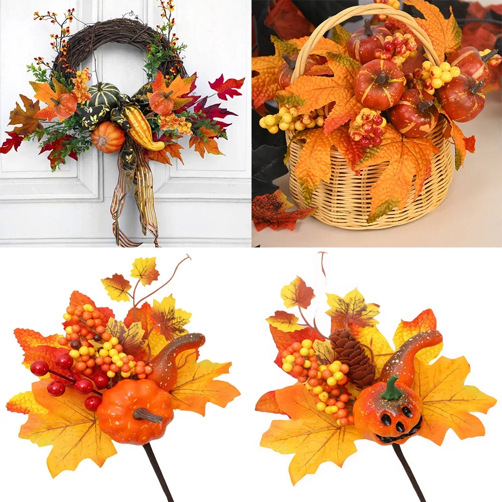 

Artificial Maple Leaf Pumpkin Berry Branches Autumn Harvest Home Table Ornament DIY Thanksgiving Halloween Party Decorations