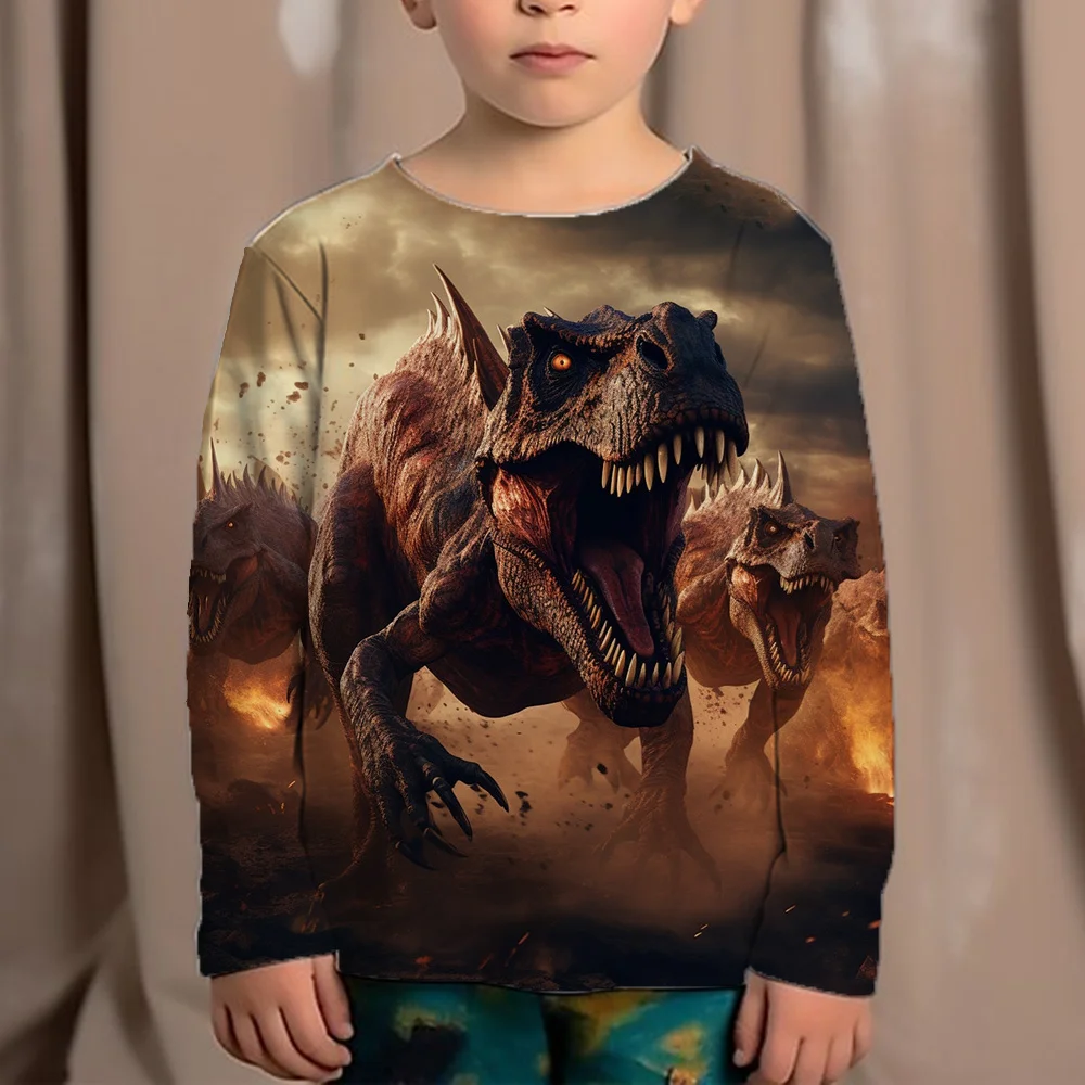 2024 Kids Clothes Dinosaur Graphic T Shirts Long Sleeve Children's Clothing Fashion Baby Summer Clothes Round Neck Boys T-Shirt