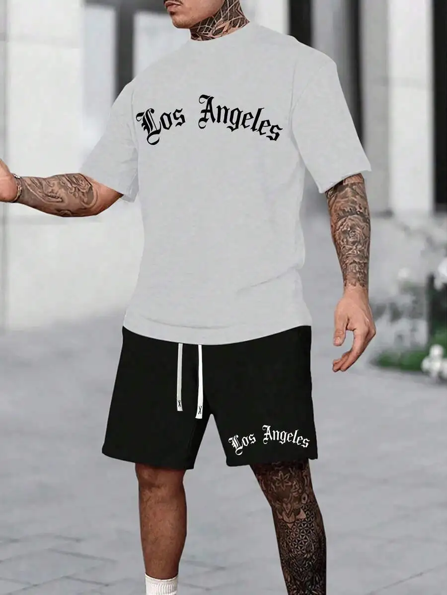 

Mens Cotton Washed T-Shirt And Shorts Two-Piece Set Casual Sportswear