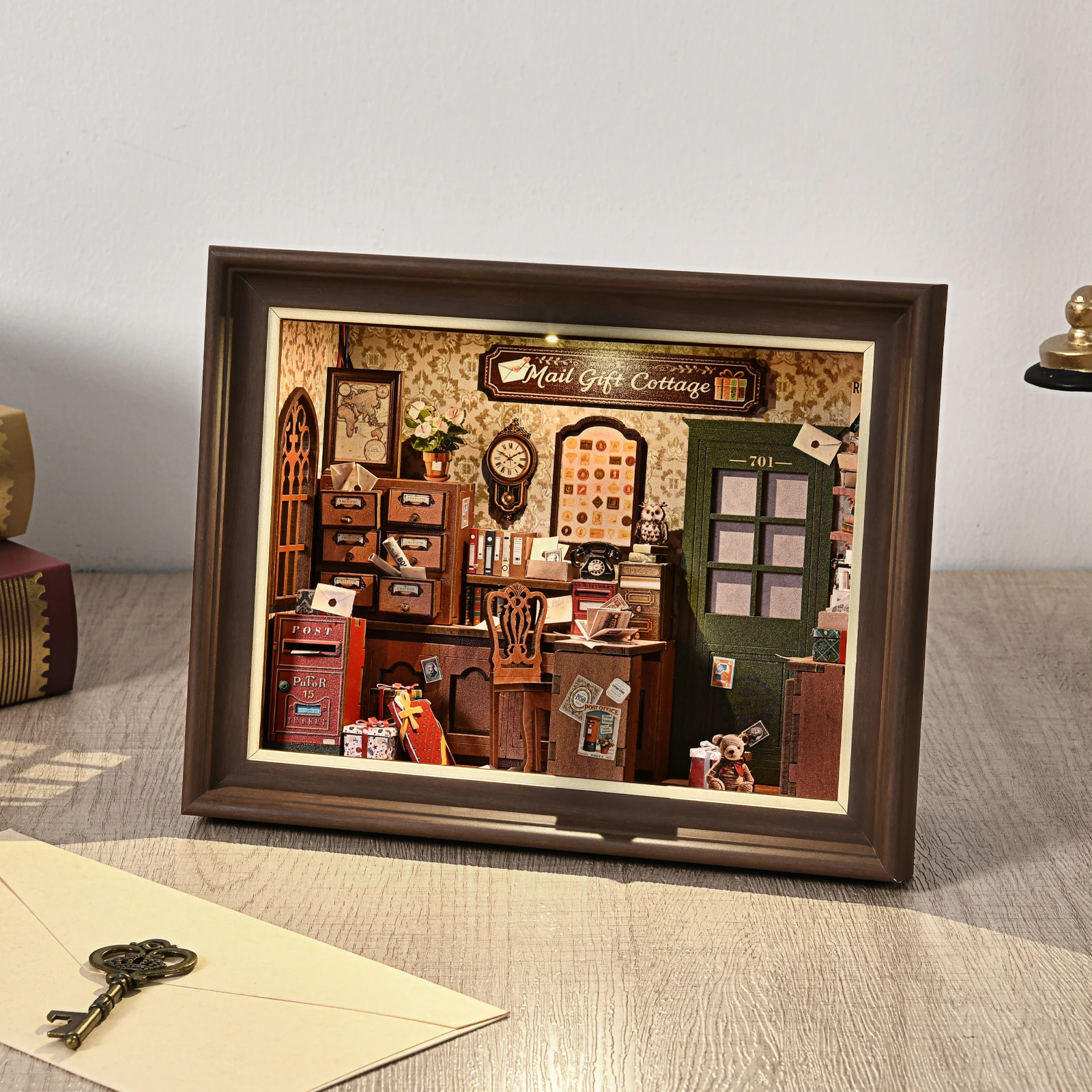 Book Nook Kit Post Office Bookstore DIY 3D Wooden Puzzle Dollhouse Photo Frame Ornament Model Bookend Building Home Decoration