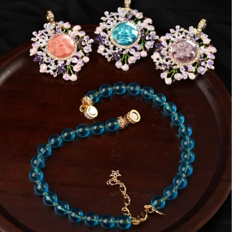 Medieval necklace vintage light luxury heavy industry enamel orchid medieval pendant gemstone Moen face medieval necklace