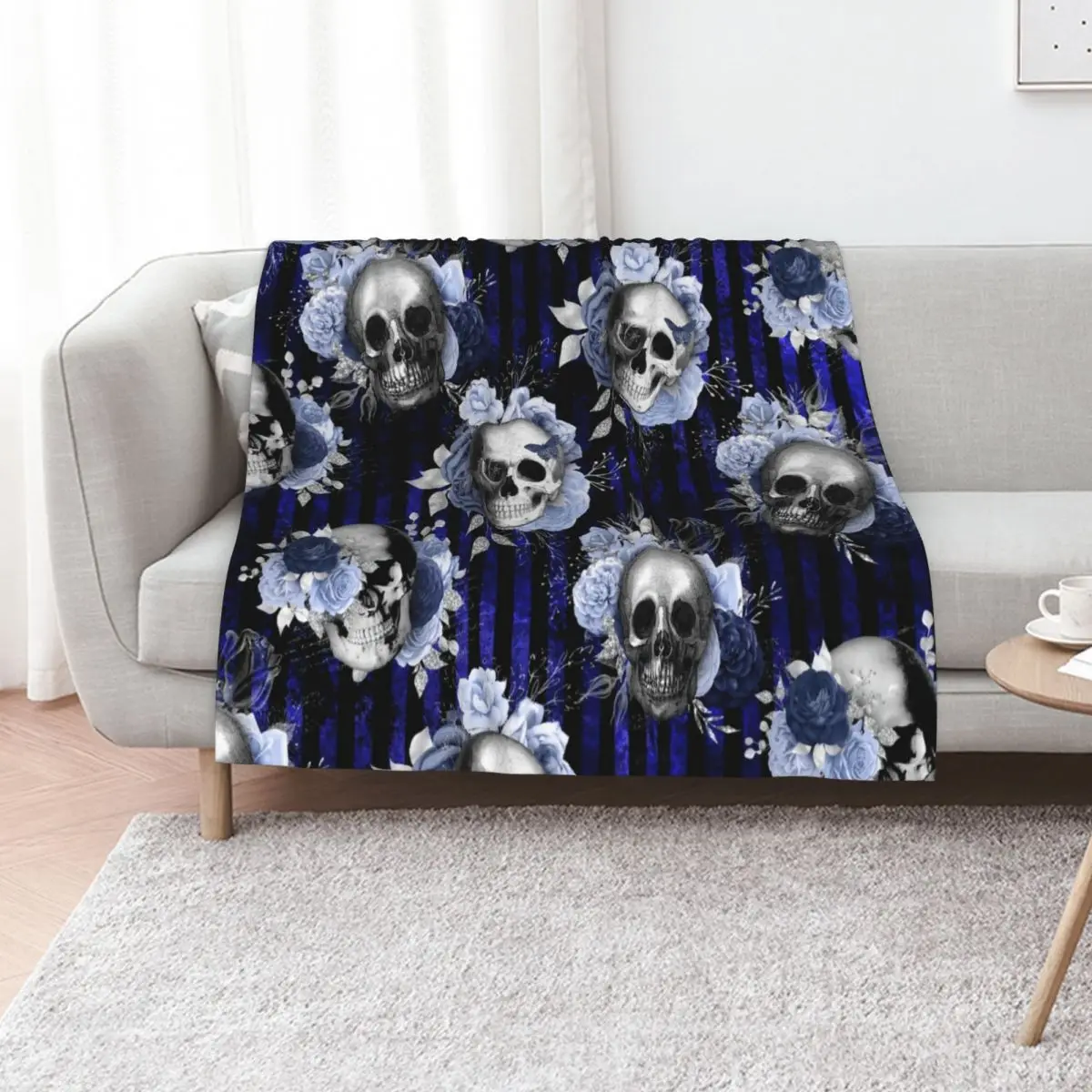 Watercolor Roses and Vintage Skull Mixed Media Pattern. Gothic blue dark beauty. Throw Blanket Decoratives Travel Blankets