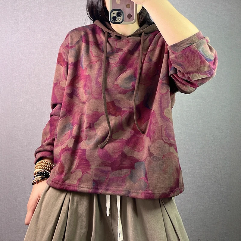 2025年秋韓国ファッション服 レディース プリント入りフード付きスウェットシャツ レディース ラグジュアリー ルーズ ヴィンテージ カジュアル 花柄パーカー