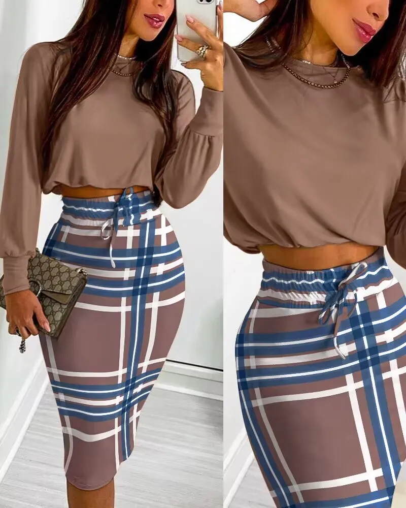 2024 Women Long Sleeve Crop Top & Drawstring Plaid Skirt Set