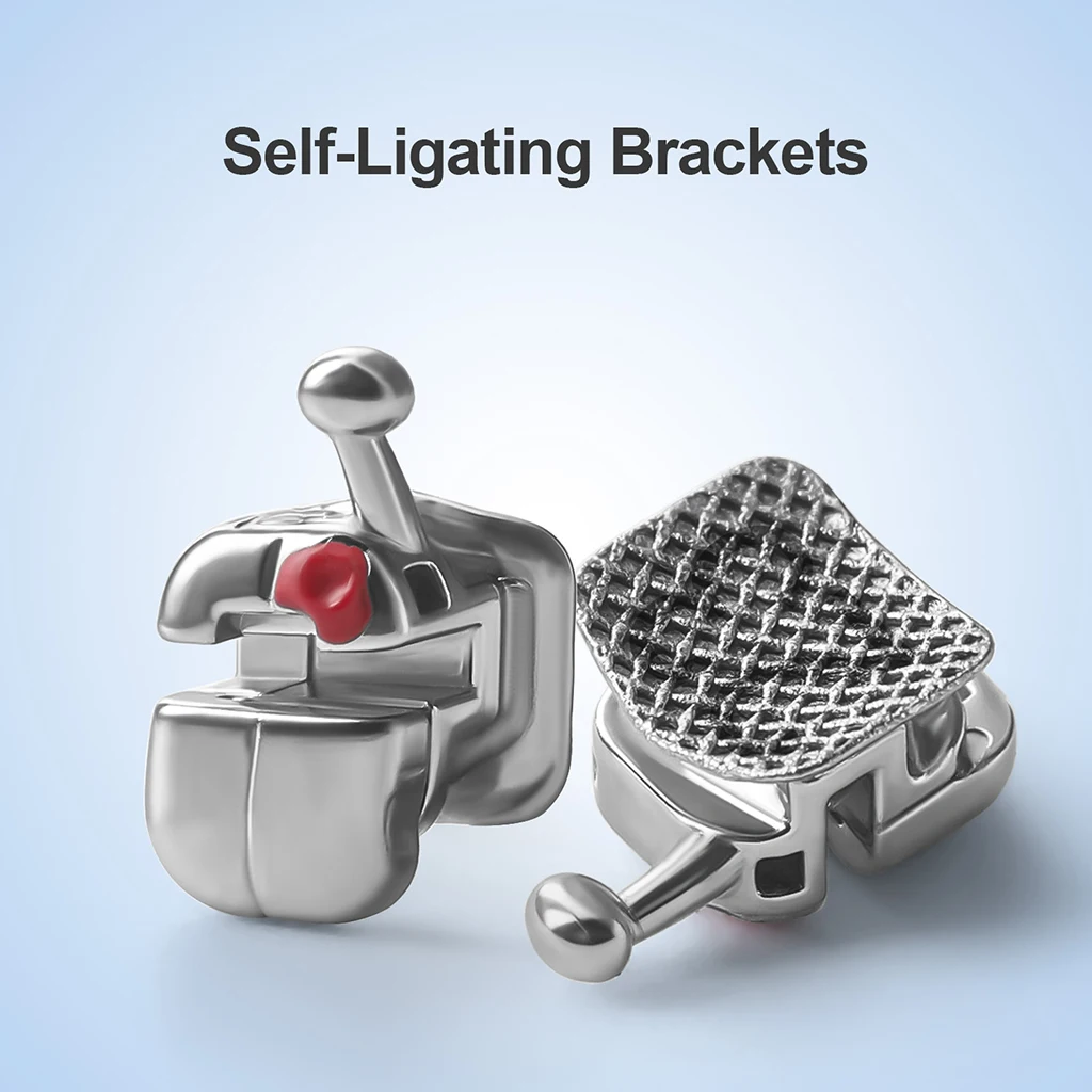 28 Stück/Box AZDENT Zahnspangen Selbstligierende Brackets mit Netzbasis, runden Kanten, Dual-Draht, Roth MBT 0.022, Bukkalröhrchen – Detail 5