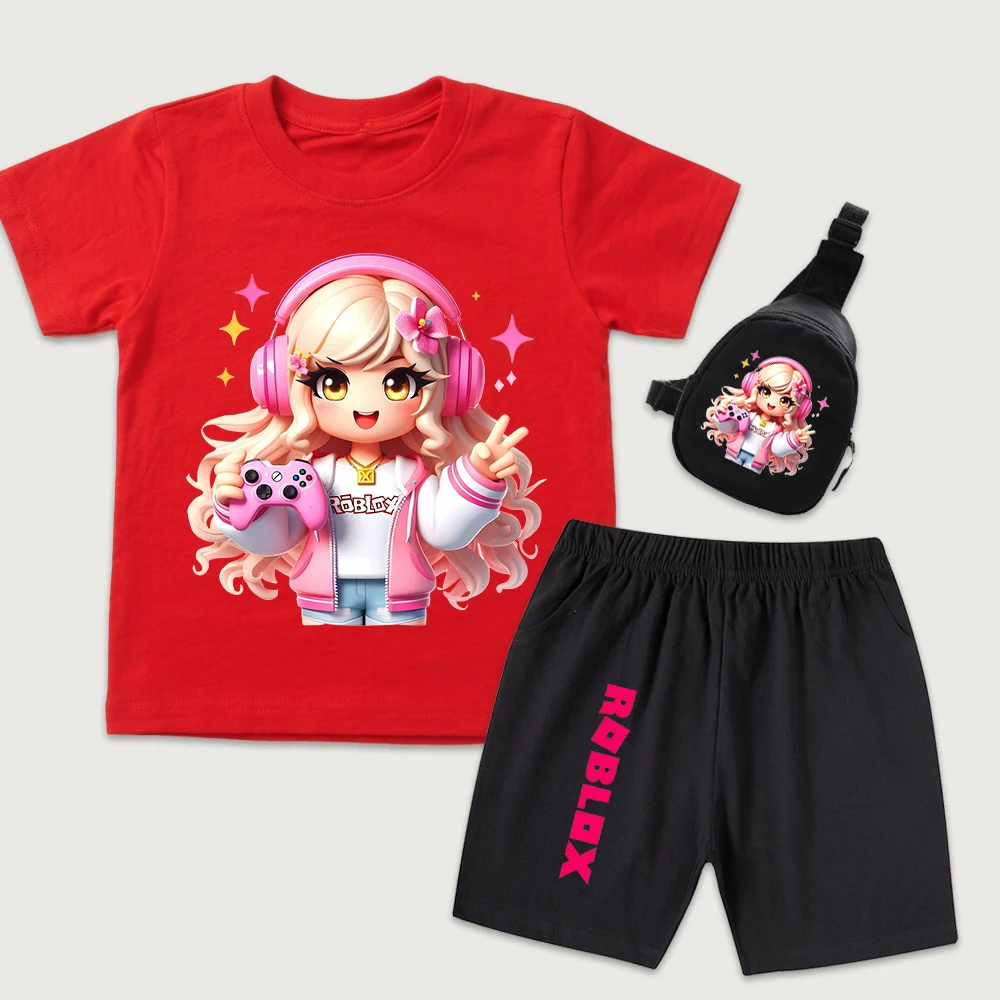 

Roblox Girls Clothing Set 3 Pieces Cotton T Shirt Shorts Mini Chest Bag Cute Character Print Outfit for Kids