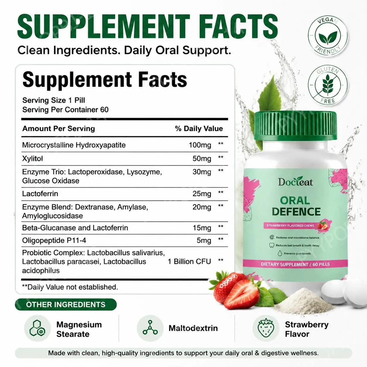 Docteat Oral Defence Tablets with Microcrystalline Hydroxyapatite and Xylitol for Enamel Support and Oral Flora Balance 60 Pills - view 2