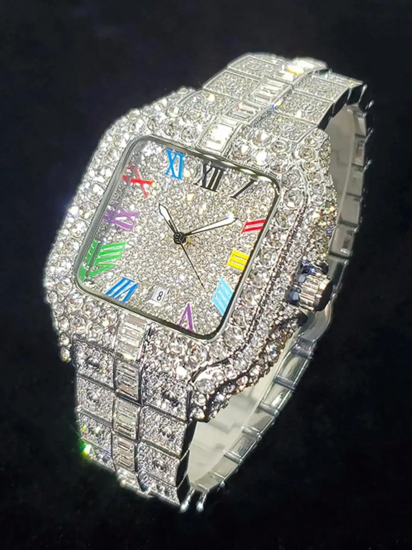 Men's Elegant Rhinestone Square Watch, Exquisite Fashionable Timepiece, Includes Gift Box, Perfect For Gifting, Elegant Square Dial Fashion Design sj260408203155801015362