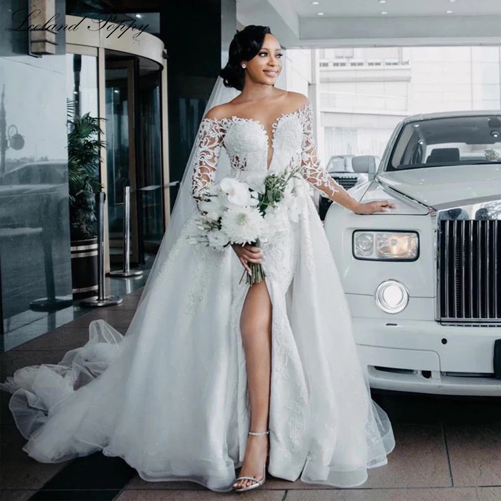 Lceland Poppy Customized Women's Scoop Neck Mermaid Wedding Dresses Pearls Beaded Bridal Gowns with Detachable Train